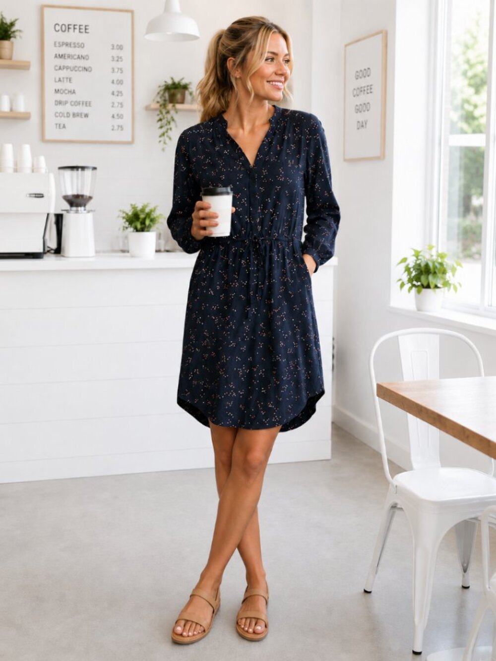 Gap‎ Navy Polka Dot Tie Waist Summer Dress Long Sleeve Small Knee Length Work